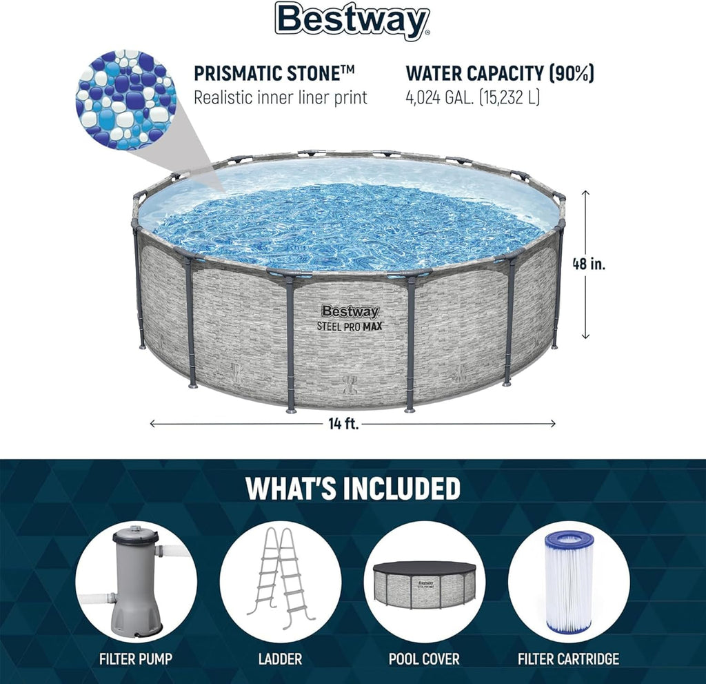 Steel Pro MAX 14 Foot x 48 Inch Round Metal Frame Above Ground Outdoor Swimming Pool Set with 1,000 Filter Pump, Ladder, and Cover, Gray wourant