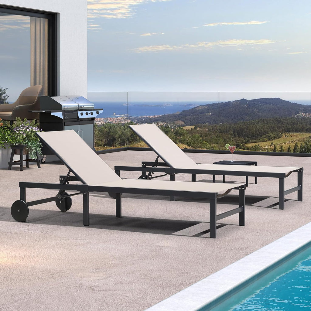 PURPLE LEAF Patio Tanning Lounge Chair Set with Face Down Hole Outdoor Aluminum Adjustable Reclining Chairs Wheels Pillows and Table for Poolside Beach Sunbathing Lounger, Beige wourant