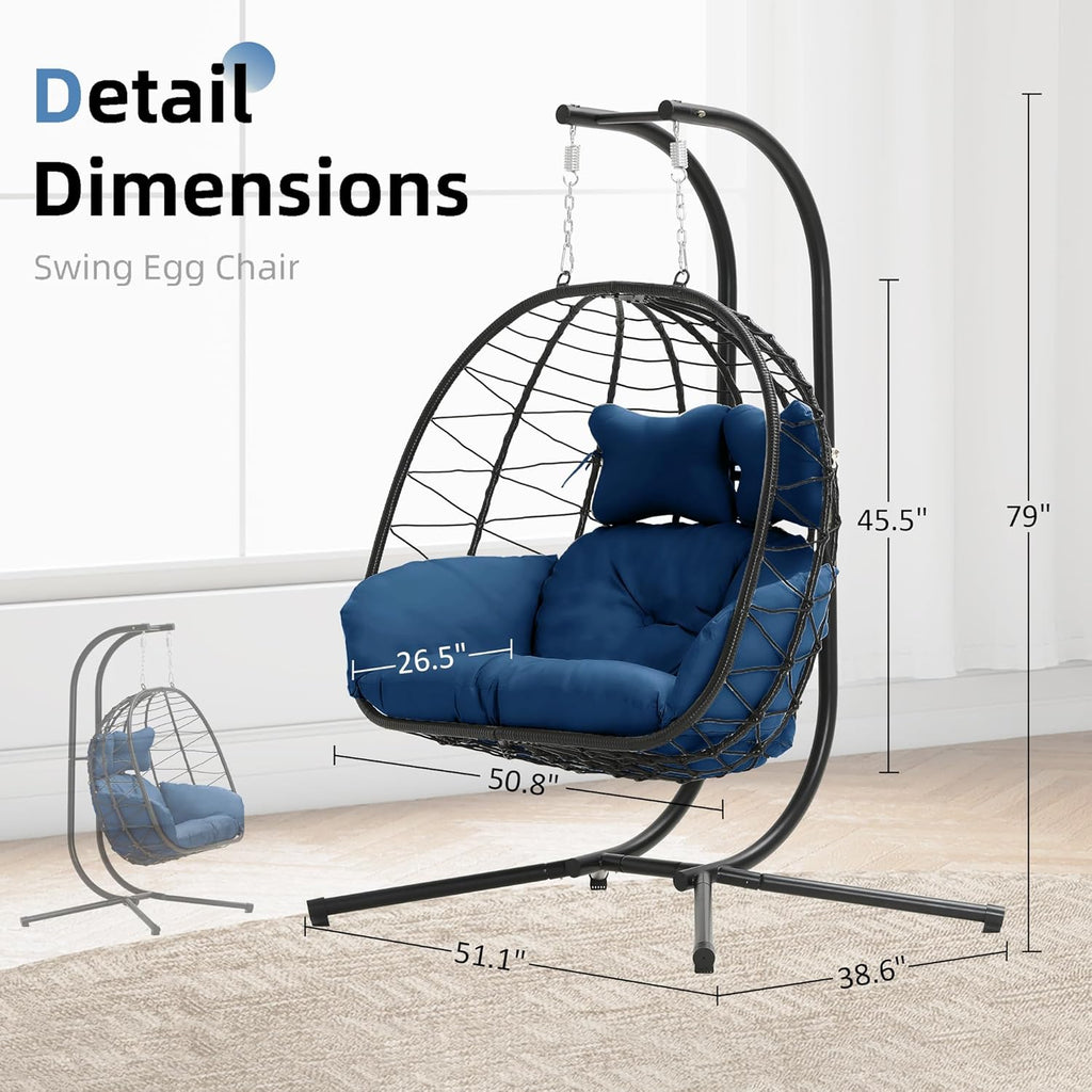 Double Egg Chair Hammock Swing Chair Foldable Hanging Loveseat UV Resistant Cushions wourant