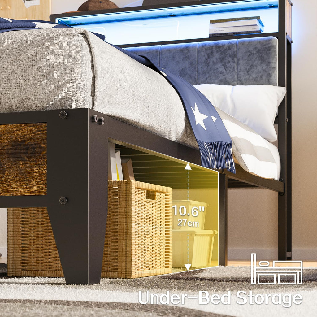 OLEVS Single Bed Frame LED Light Storage Headboard Charging Station Metal Platform Bed wourant