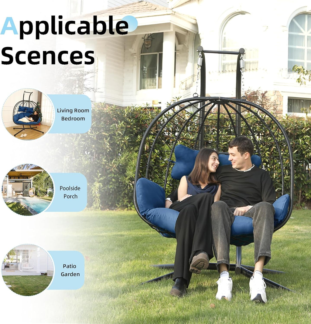 Double Egg Chair Hammock Swing Chair Foldable Hanging Loveseat UV Resistant Cushions wourant