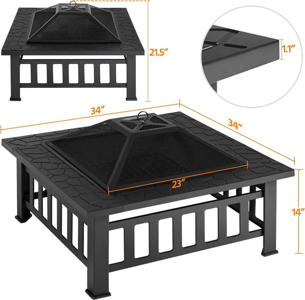 Yaheetech Multifunctional Fire Pit Table 32in Square Metal Firepit Stove Backyard Patio Garden Fireplace for Camping, Outdoor Heating, Bonfire and Picnic wourant
