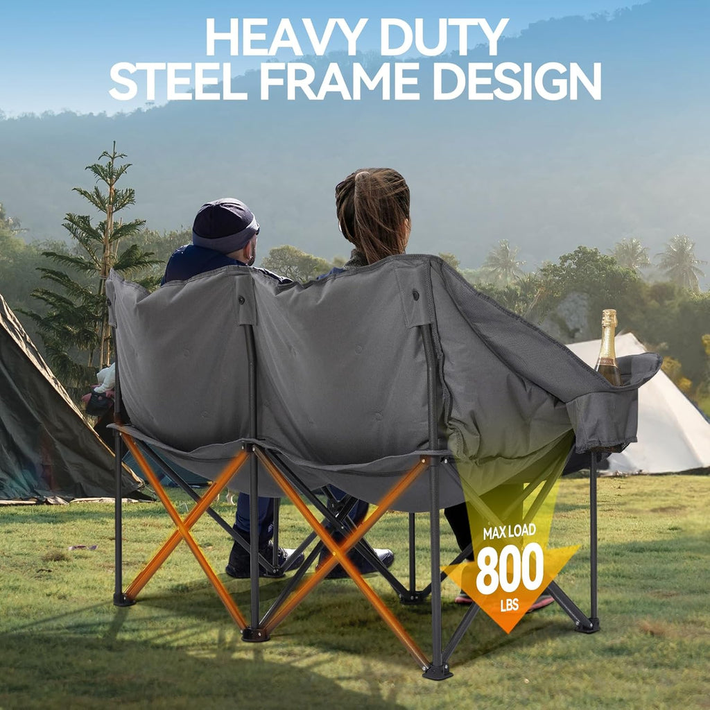 Camping Chair Upholstered Loveseat - Heavy Duty Extra Large Camping Sofa Portable Folding Sofa with Cup Holder and Carry Bag wourant