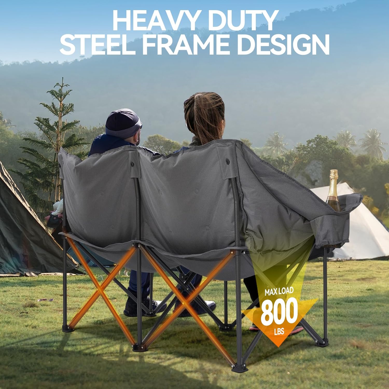 Camping Chair Upholstered Loveseat - Heavy Duty Extra Large Camping Sofa Portable Folding Sofa with Cup Holder and Carry Bag wourant
