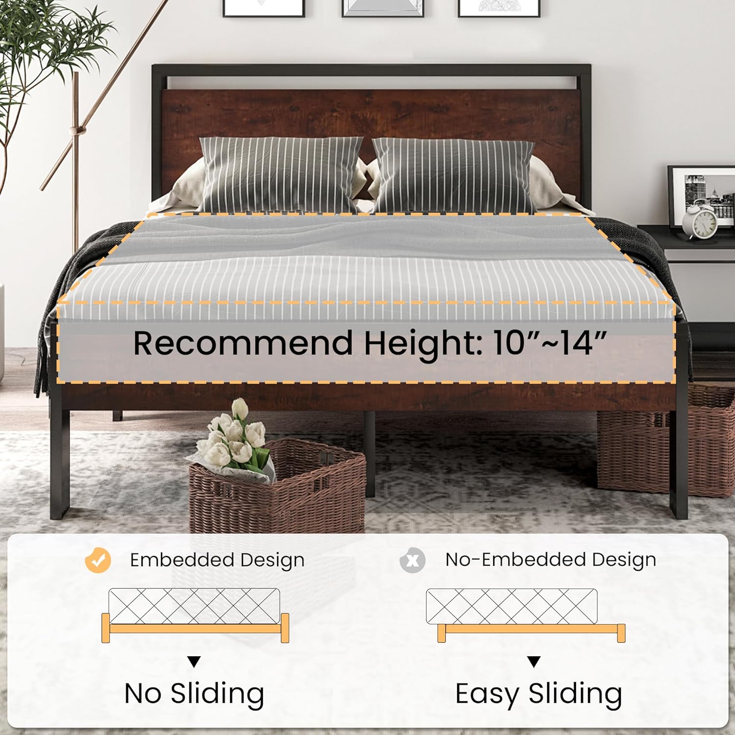 SHA CERLIN 14 Inch Queen Size Metal Platform Bed Frame with Wooden Headboard and Footboard wourant