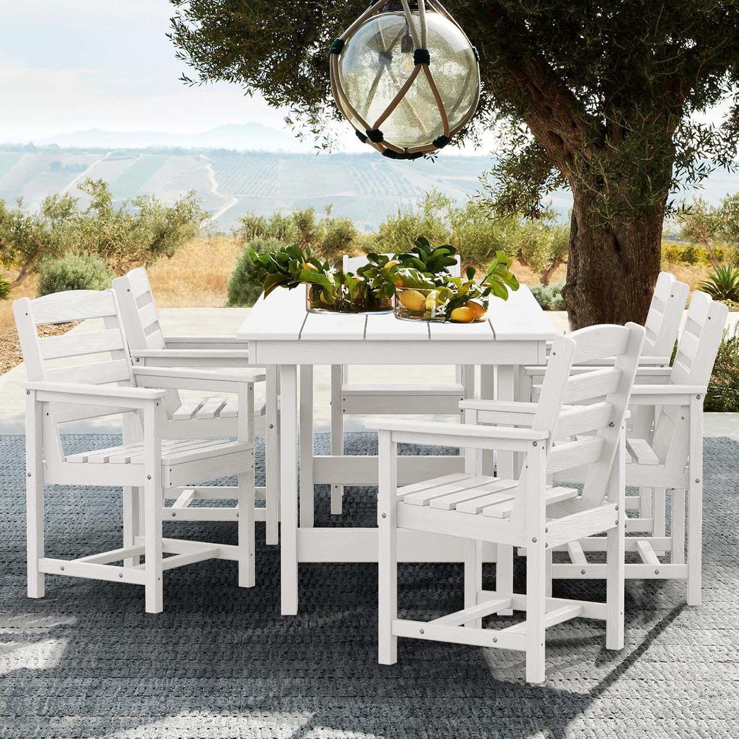 Outdoor HDPE Dining Table Set, 7-Piece Outdoor Dining Table Sets with Umbrella Hole Cut-Out Table and 6 Chairs wourant