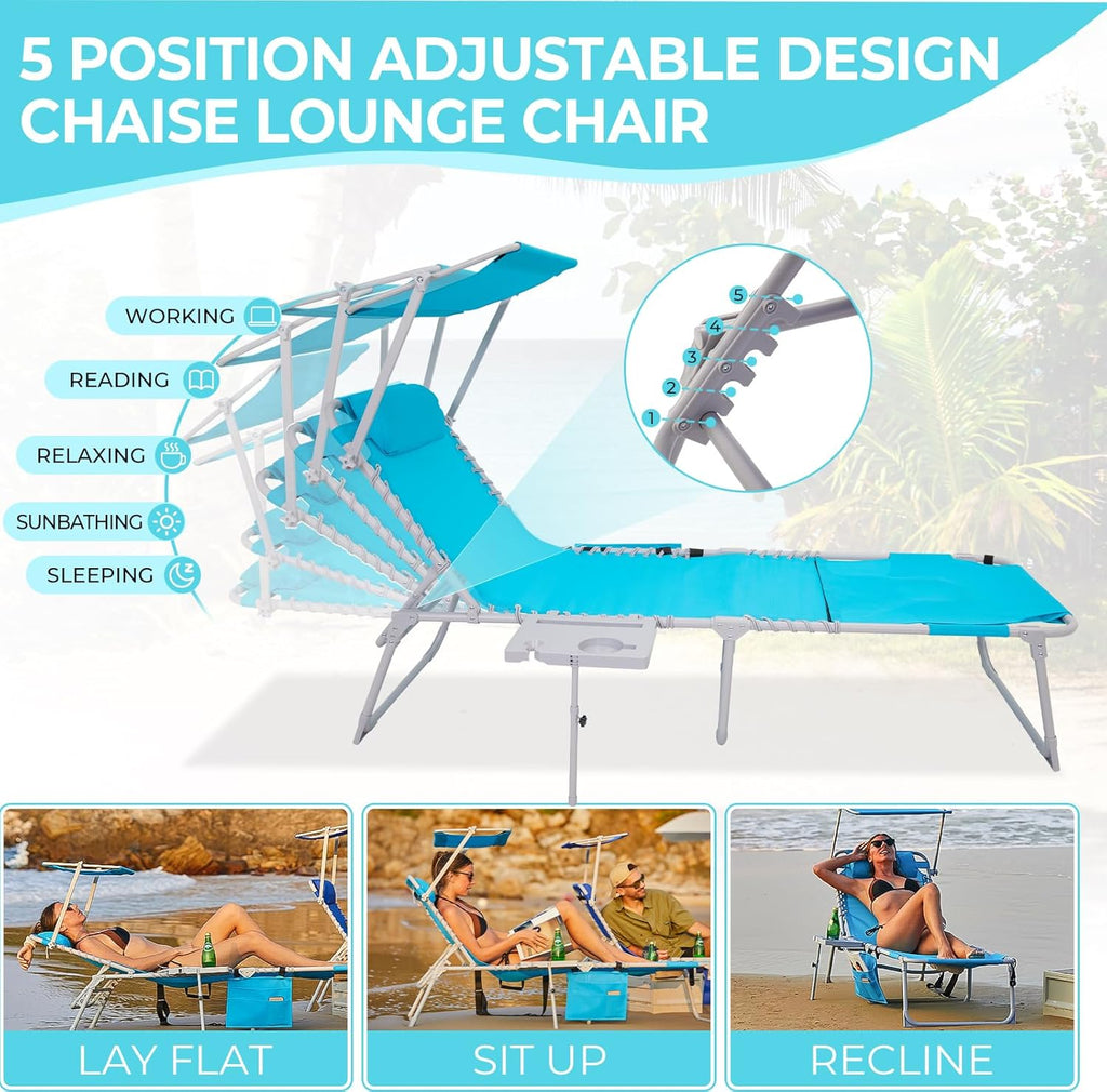 2 Pack Outdoor Chaise Lounge Chair - Portable Folding Patio Pool Lounge Chair, 5 Positions Adjustable Reclining Camping Chair with Side Table,Shoulder Strap, Pillow for Beach Sunbathing Lawn wourant