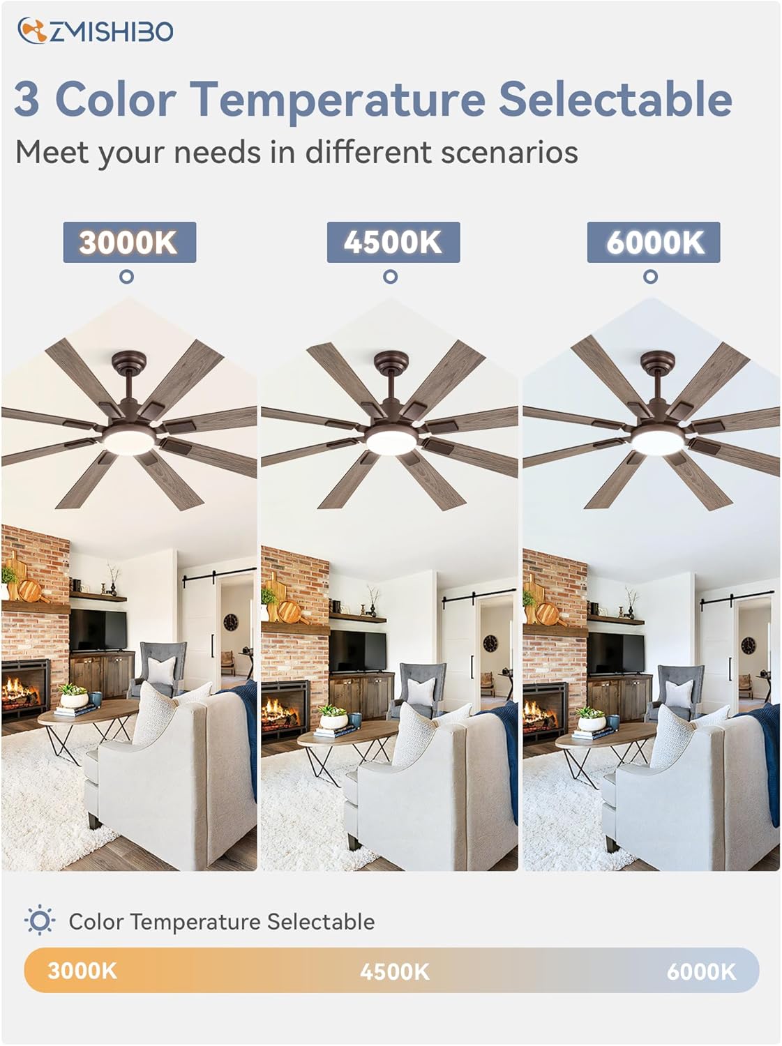 ZMISHIBO 72 inch Large Ceiling Fans with Lights and Remote, Indoor/Outdoor Black Modern Ceiling Fan for Kitchen Living Room Patio, 6 Speed Reversible Quiet DC Motor, 3 CCT, Dual Finish 8 Blades wourant