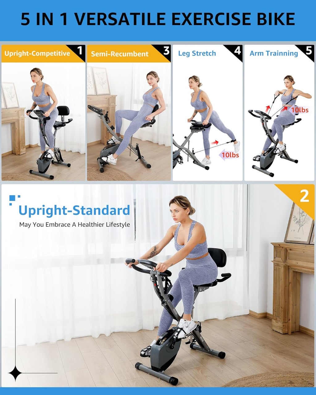 Foldable Exercise Bike Stationary Bikes for Home, 5 IN 1 Indoor Workout Bike, Cycling Bike with 16-Level Quiet Magnetic Resistance, 6.6 LBS Flywheel and 300LBS Capacity, 2025 Designed 817 X-bike wourant