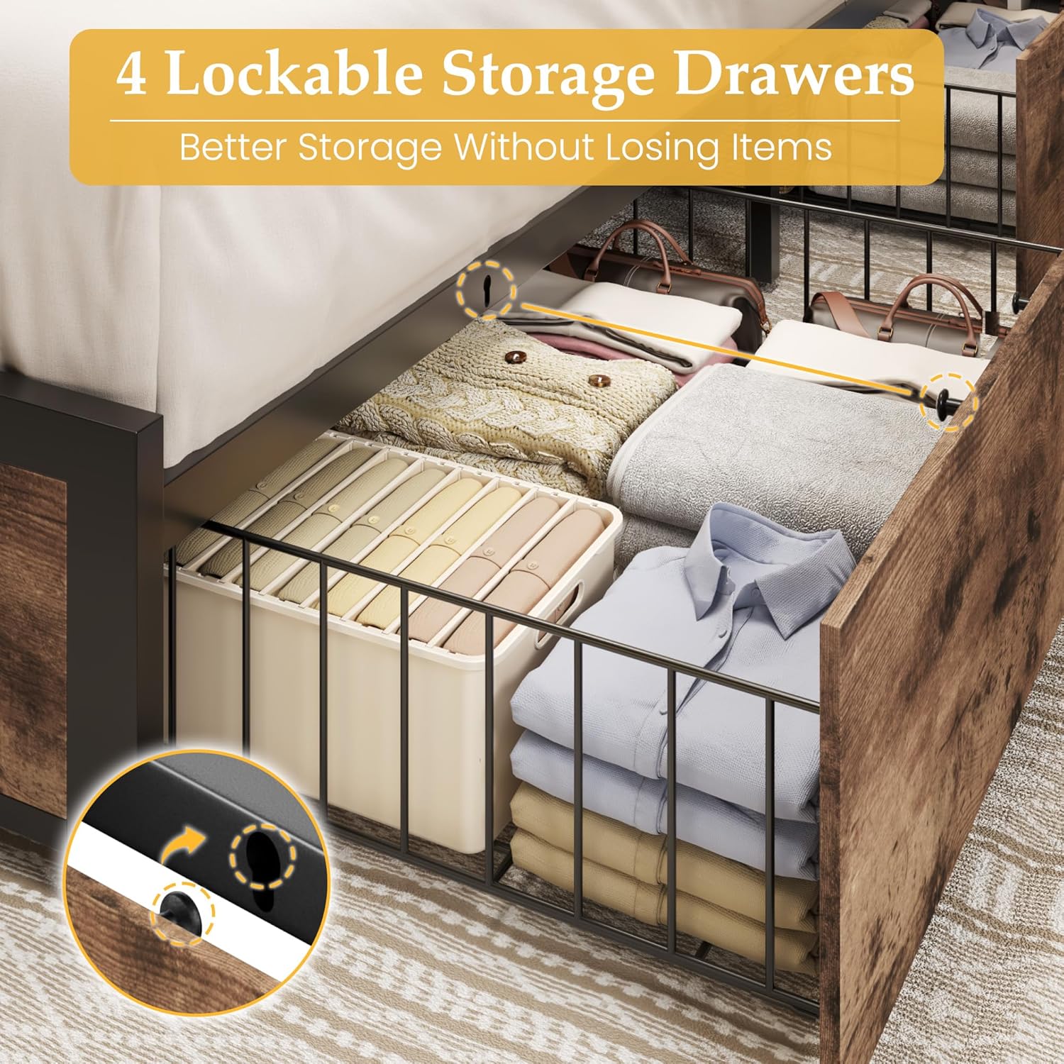 Lifezone Queen Bed Frame with 2-Tier Storage Headboard, Metal Platform Bed Frame with 4 Storage Drawers, Built in Charging Station & LED, Noise-Free/Metal Support/No Box Spring Needed wourant