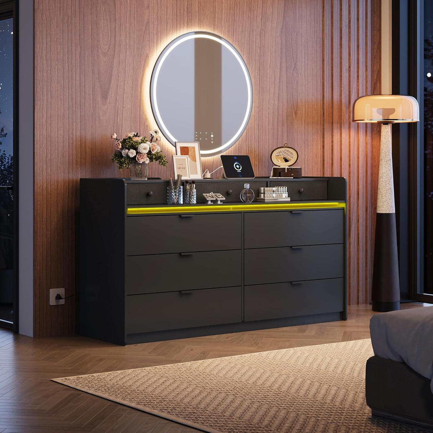9 Drawer Led Dresser for Bedroom, 58.35'' Wide Wood Dresser Storage Organizer with Power Outlets for 65'' TV, Dressers with Open Shelves wourant