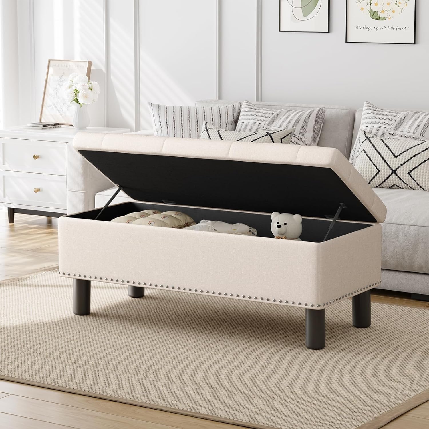 Furniliving Modern Storage Ottoman Bench, Sherpa Ottoman End of Bed Bench with Solid Wood Legs Upholstered Ottoman Benches with Storage Indoor Bench wourant