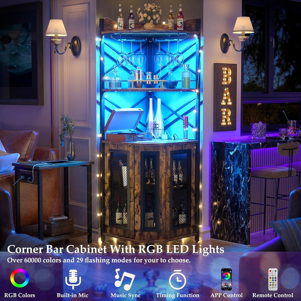 Aheaplus Corner Bar Cabinet with Power Outlet, Industrial Wine Cabinet with LED Strip and Glass Holder, 5-Tiers Liquor Cabinet Bar Unit for Home, Corner Display Cabinet for Small Space, White Oak wourant