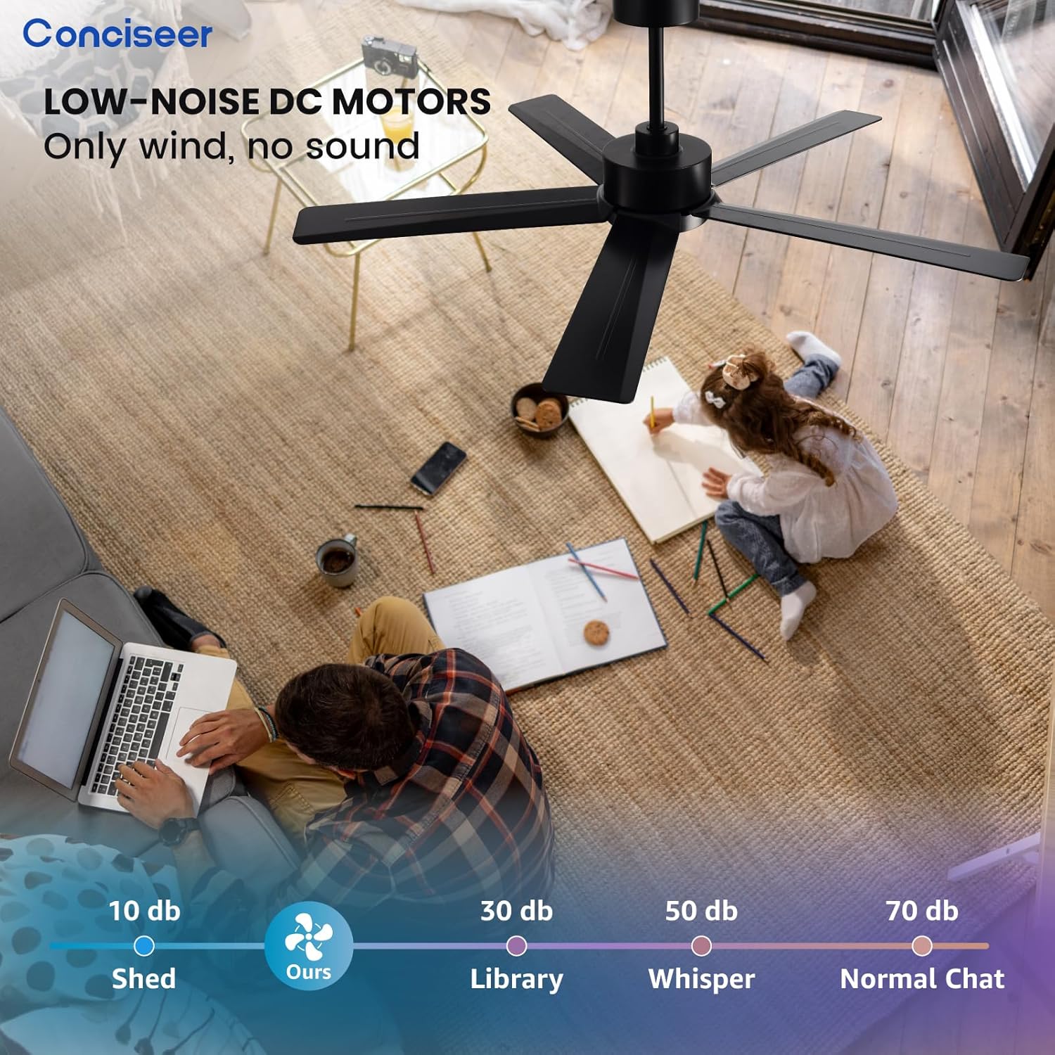 Modern Ceiling Fans with Lights, 72 Inch Ceiling Fan with Light and Remote, Bedroom Living Room Library Cafe Outdoor/Industrial,24W 3CCT Dimmable, 8 Blades 6 Speed Reversible Quiet DC Motor, Black wourant