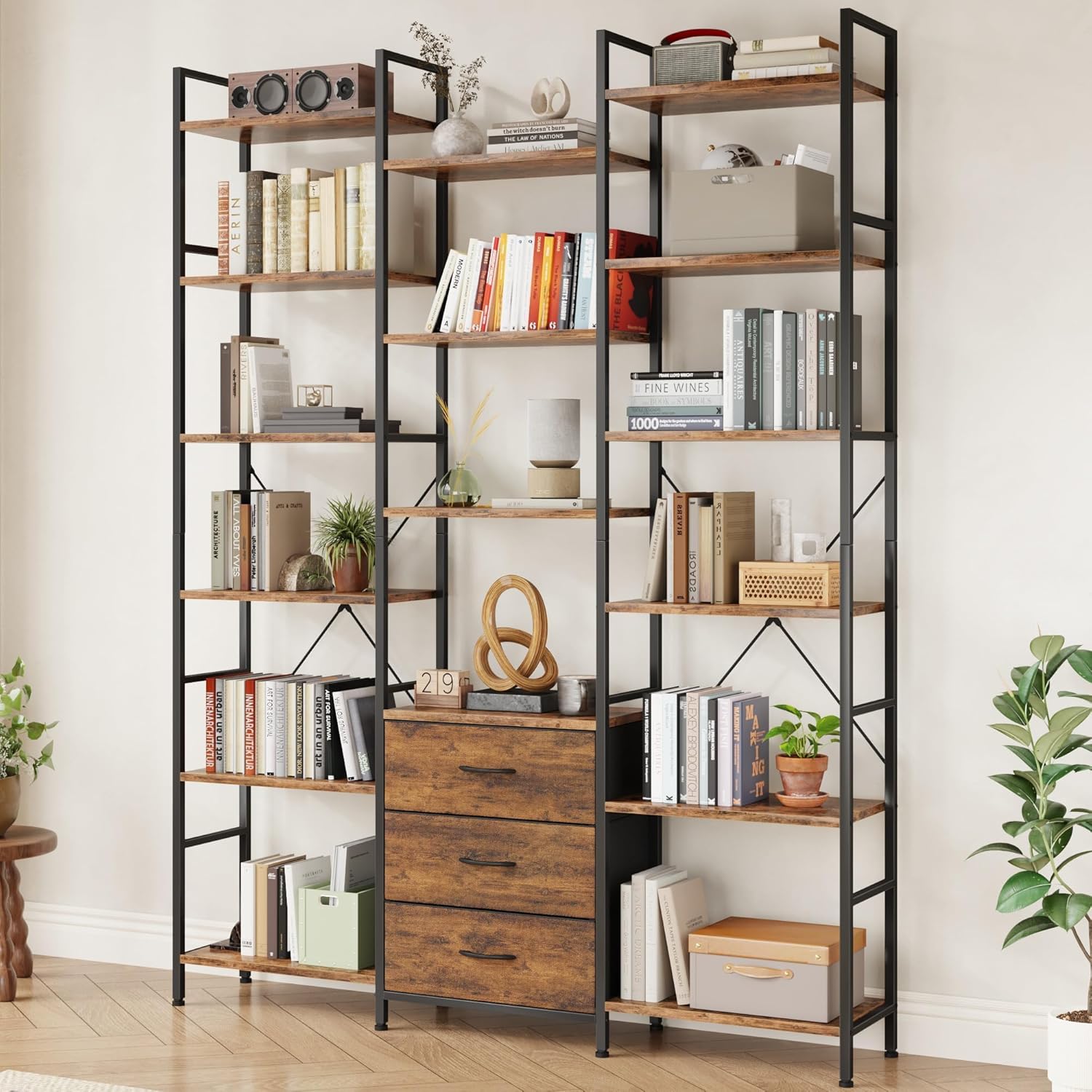 AFLUI Triple Bookshelf 3 Fabric Drawers 4-Tier Book Shelf 10 Display Shelves Industrial Bookcase wourant