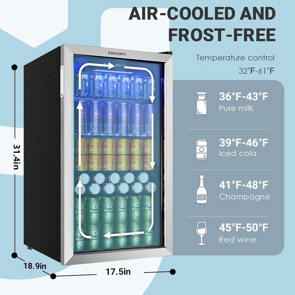 EUHOMY Beverage Refrigerator Cooler, 130 Can Mini Fridge with Glass Door for Soda Beer or Wine, Beverage Cooler for Home, Office, Bar with Adjustable Removable Shelves, Silver wourant