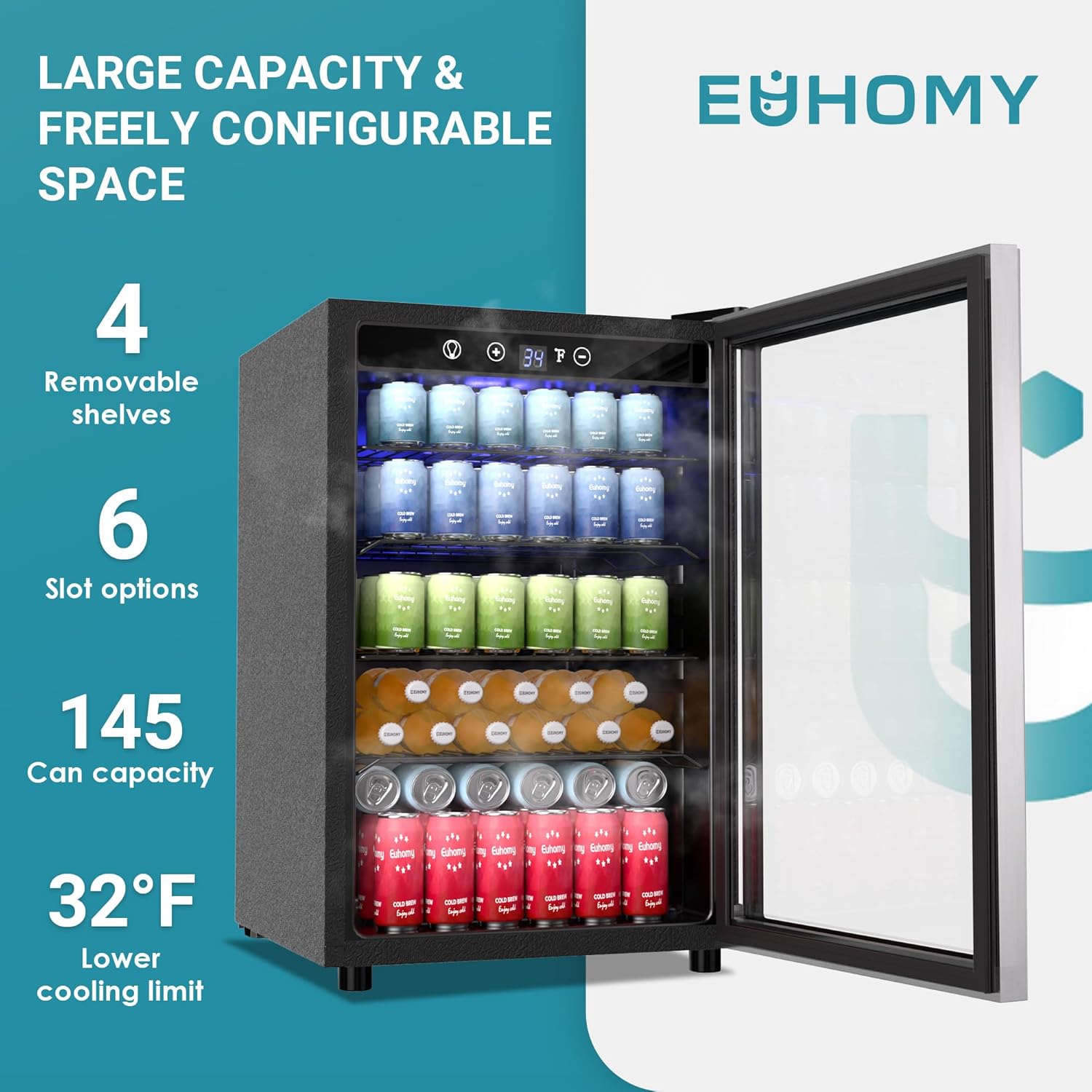 EUHOMY Beverage Refrigerator Cooler, 130 Can Mini Fridge with Glass Door for Soda Beer or Wine, Beverage Cooler for Home, Office, Bar with Adjustable Removable Shelves, Silver wourant