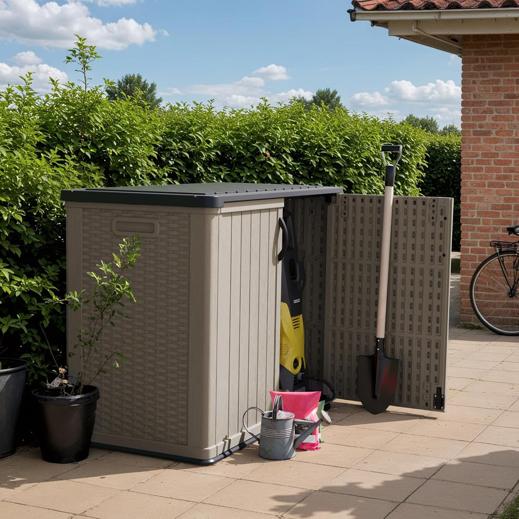 Devoko Outdoor Storage Cabinet 26 Cu Ft with Lockable Doors, Horizontal Storage Shed Waterproof Patio Tools Storage Box wourant