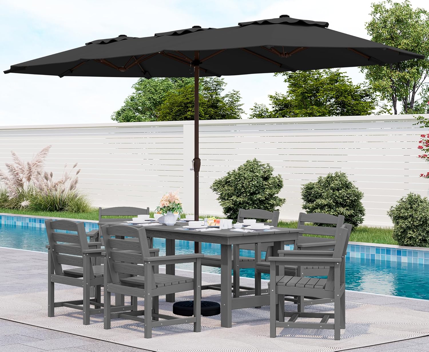 Outdoor HDPE Dining Table Set, 7-Piece Outdoor Dining Table Sets with Umbrella Hole Cut-Out Table and 6 Chairs wourant