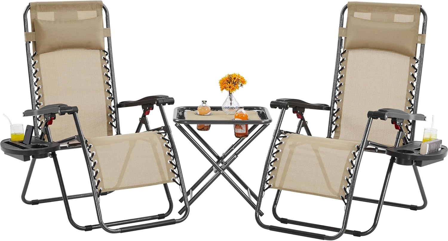 3PCS Zero Gravity Recliner Portable Outdoor Reclining Chair Set w/Side Table Folding Chaise Lounge Chairs wourant