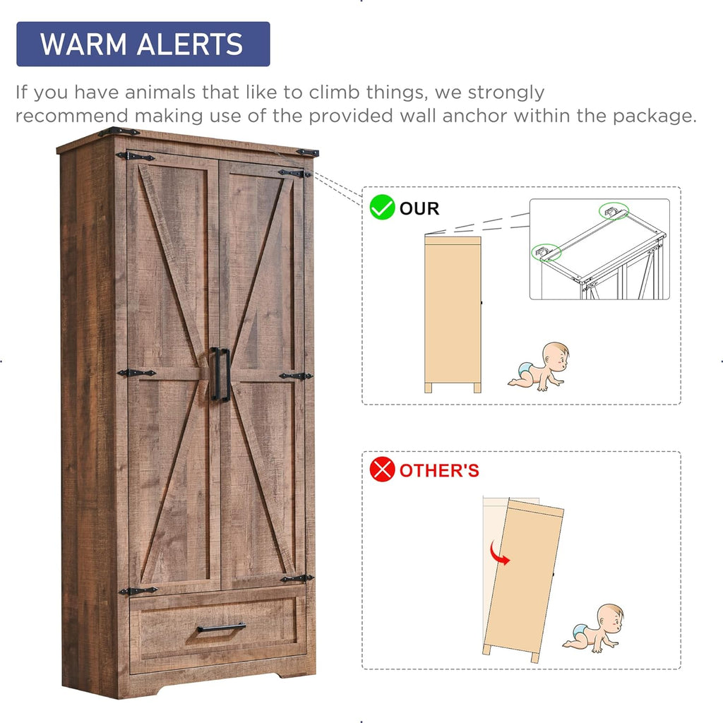 JXQTLINGMU Farmhouse Kitchen Pantry - 72" Tall Wood Kitchen Storage Cabinet with Adjustable Shelves and 2 Barn-Style Doors and Drawers wourant