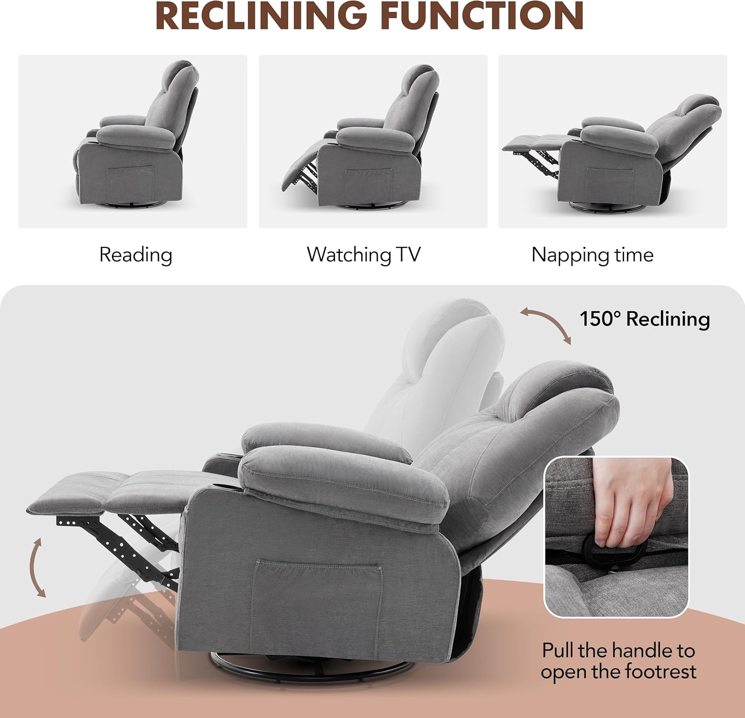 Large Swivel Rocking Recliner with Heating and Massage Function, 360 Degree Swivel Rocking Single Sofa wourant