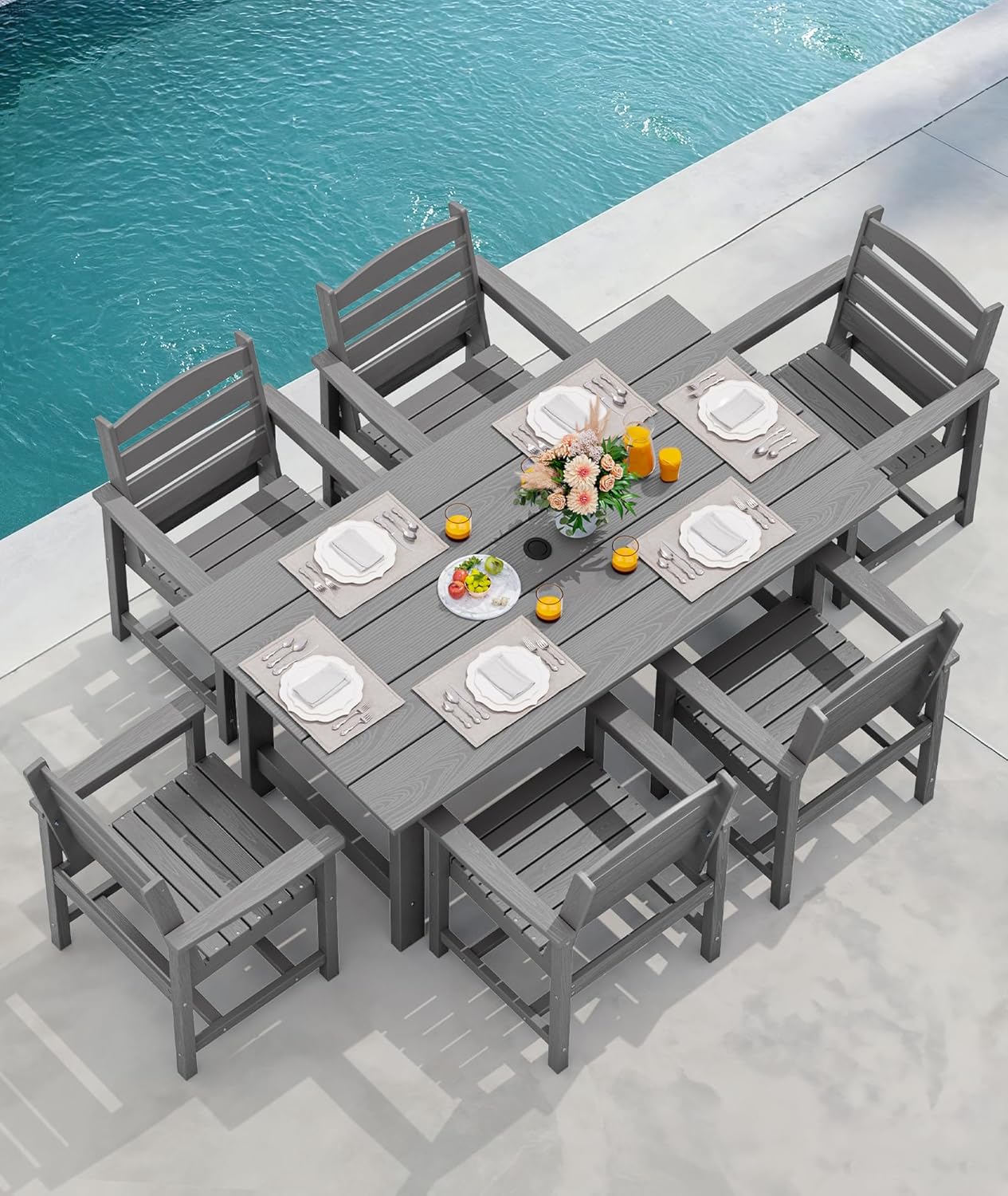 Outdoor HDPE Dining Table Set, 7-Piece Outdoor Dining Table Sets with Umbrella Hole Cut-Out Table and 6 Chairs wourant