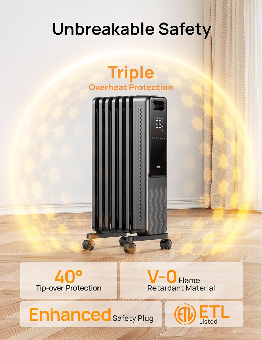 Indoor electric radiant heater with overheat and tip-over protection, digital thermostat, oil-filled radiator wourant