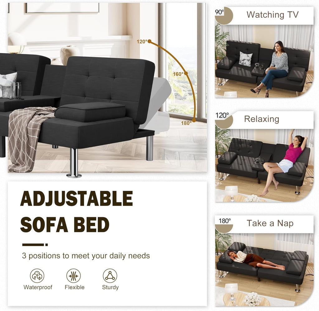 Shahoo Modern Linen Upholstered Convertible Folding Futon Sofa Bed with Removable Armrests wourant