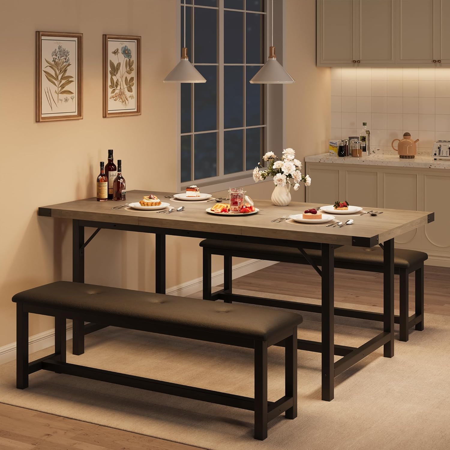 IDEALHOUSE 3 Piece Dining Table Set 63" Thick Metal Frame Kitchen Table Wooden Dinette Table Set wourant
