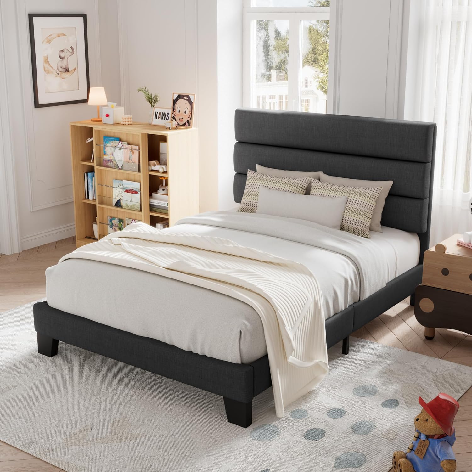 Allewie Queen Size Platform Bed Frame Fabric Upholstered Headboard Wooden Slats Support wourant