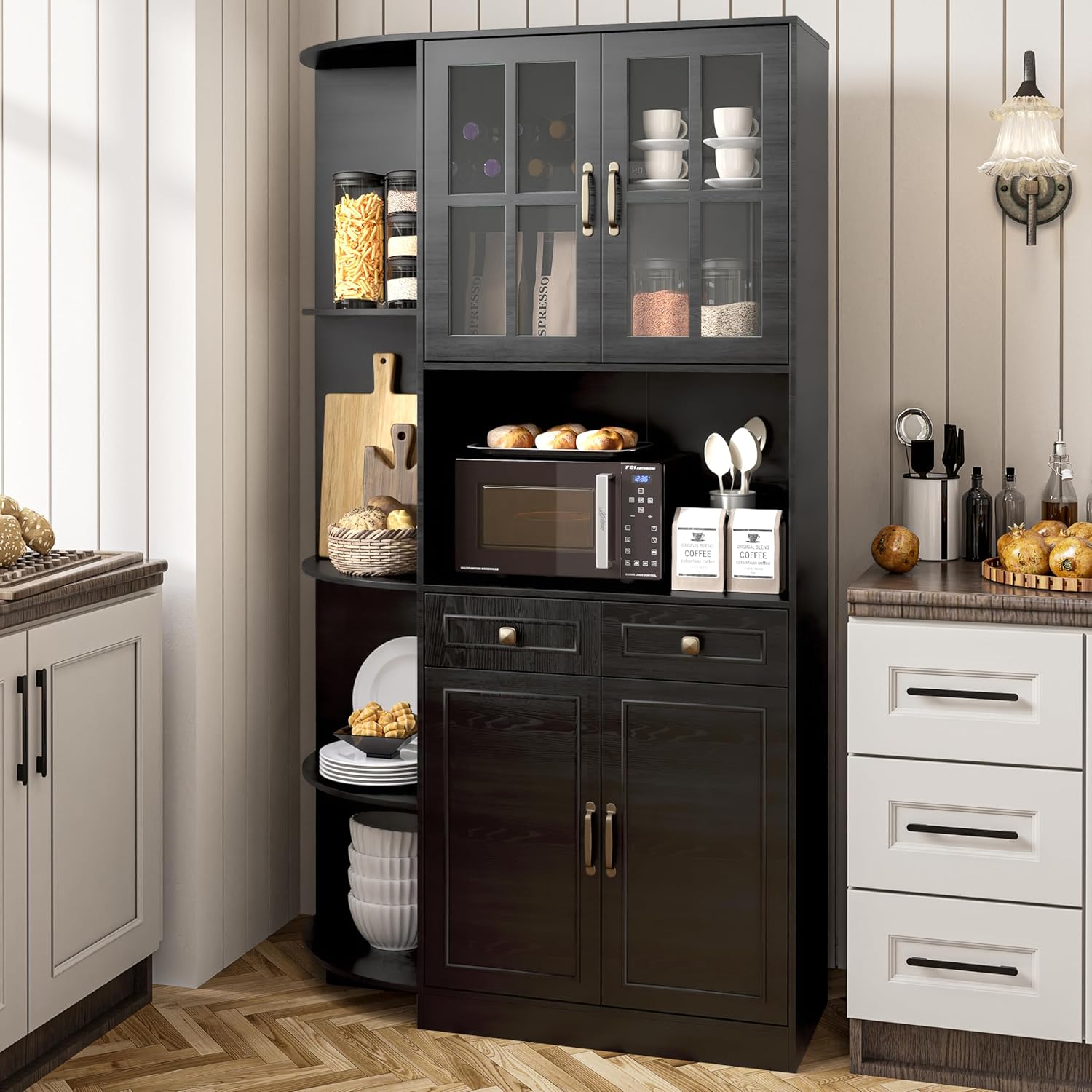 Kitchen Hutch Pantry Cabinet 71" Tall with Glass Doors wourant