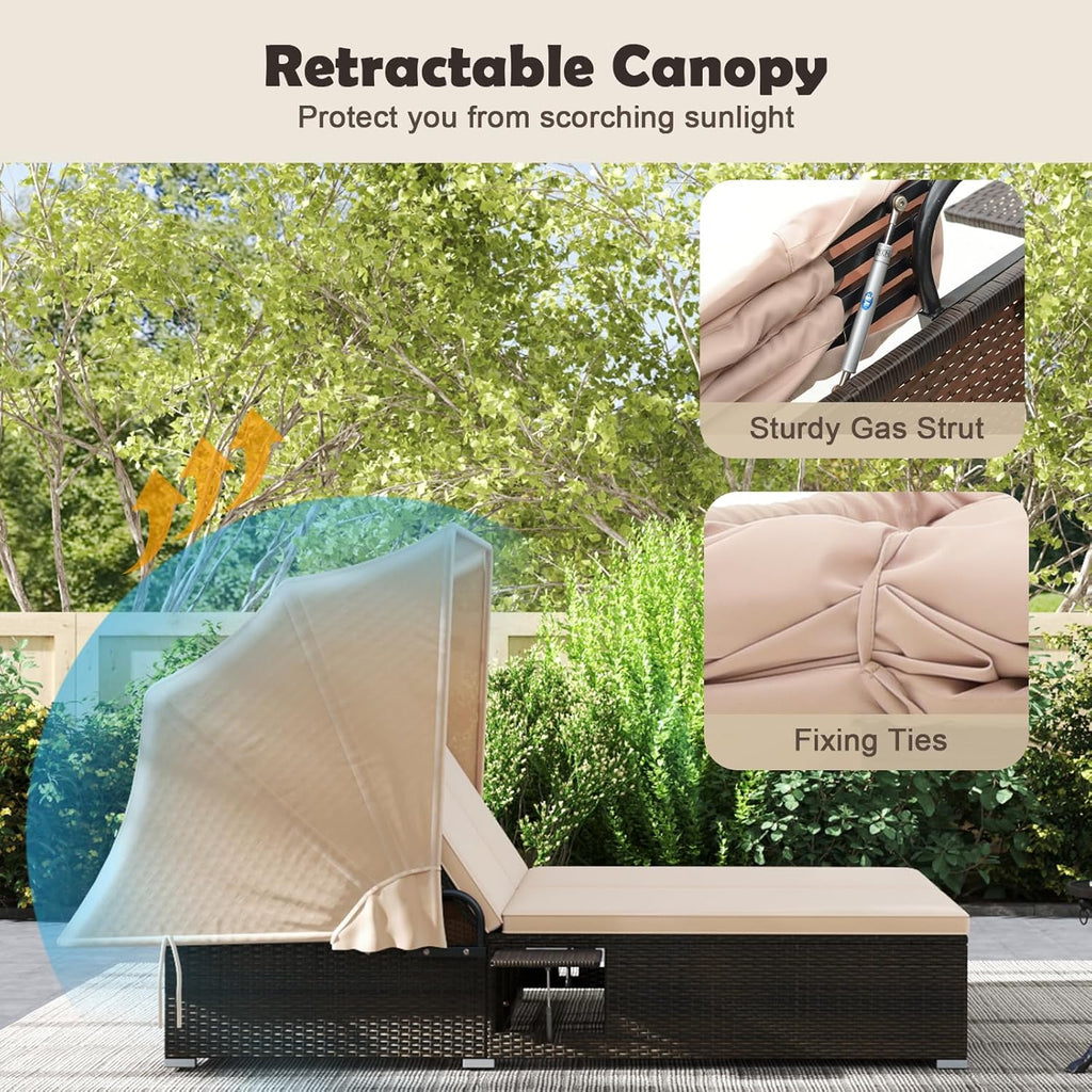 RELAX4LIFE Outdoor Daybed Retractable Canopy Wicker Double Chaise Lounge 6-Position Backrest wourant
