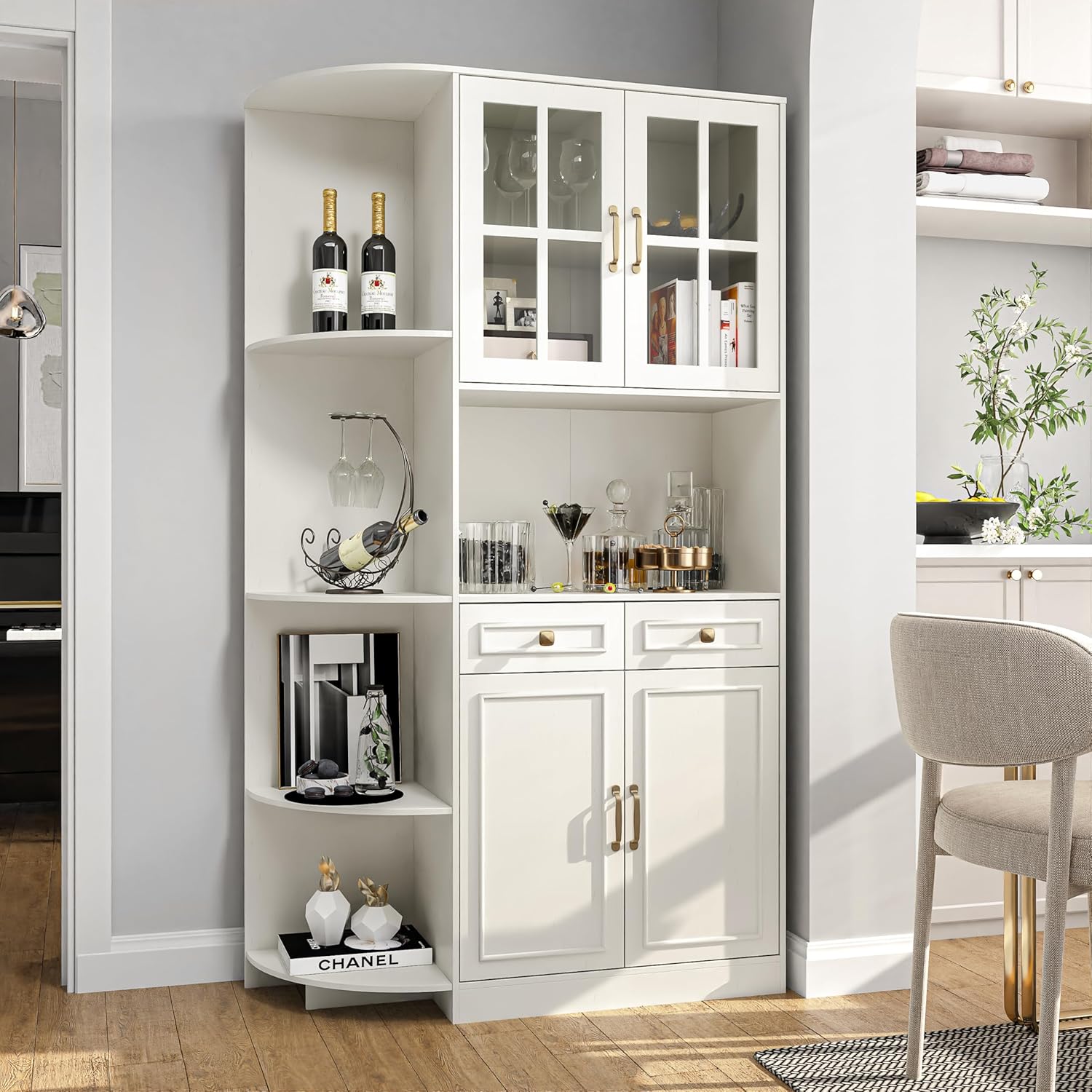 Kitchen Hutch Pantry Cabinet 71" Tall with Glass Doors wourant