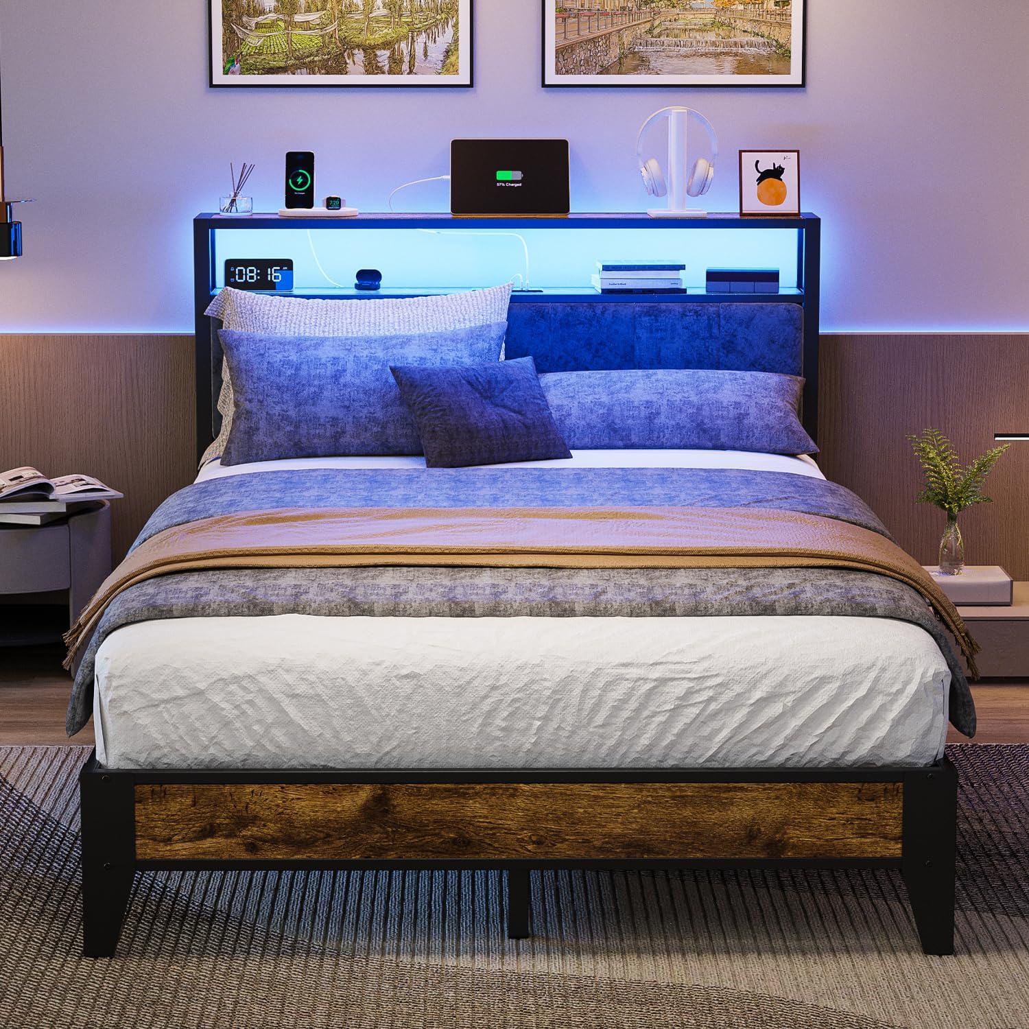 OLEVS Single Bed Frame LED Light Storage Headboard Charging Station Metal Platform Bed wourant
