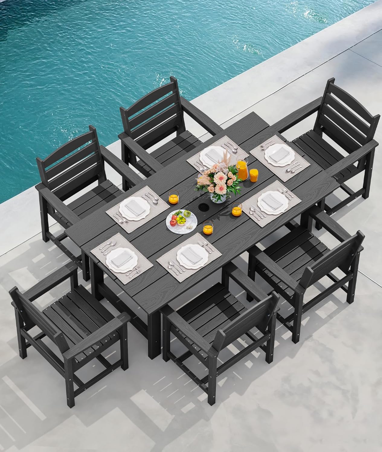Outdoor HDPE Dining Table Set, 7-Piece Outdoor Dining Table Sets with Umbrella Hole Cut-Out Table and 6 Chairs wourant