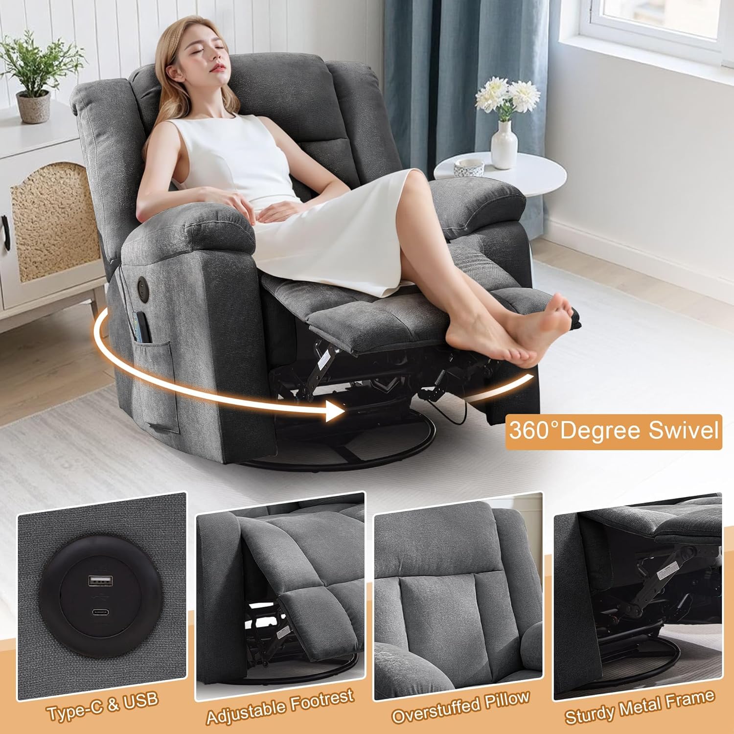Rocker Recliner, Glider Recliner Chairs for Adults, 360° Swivel Rocking Chair with Massage and Heating, Nursery Chair with Storage and USB Charging for Living Room, Bedroom, Nursery wourant