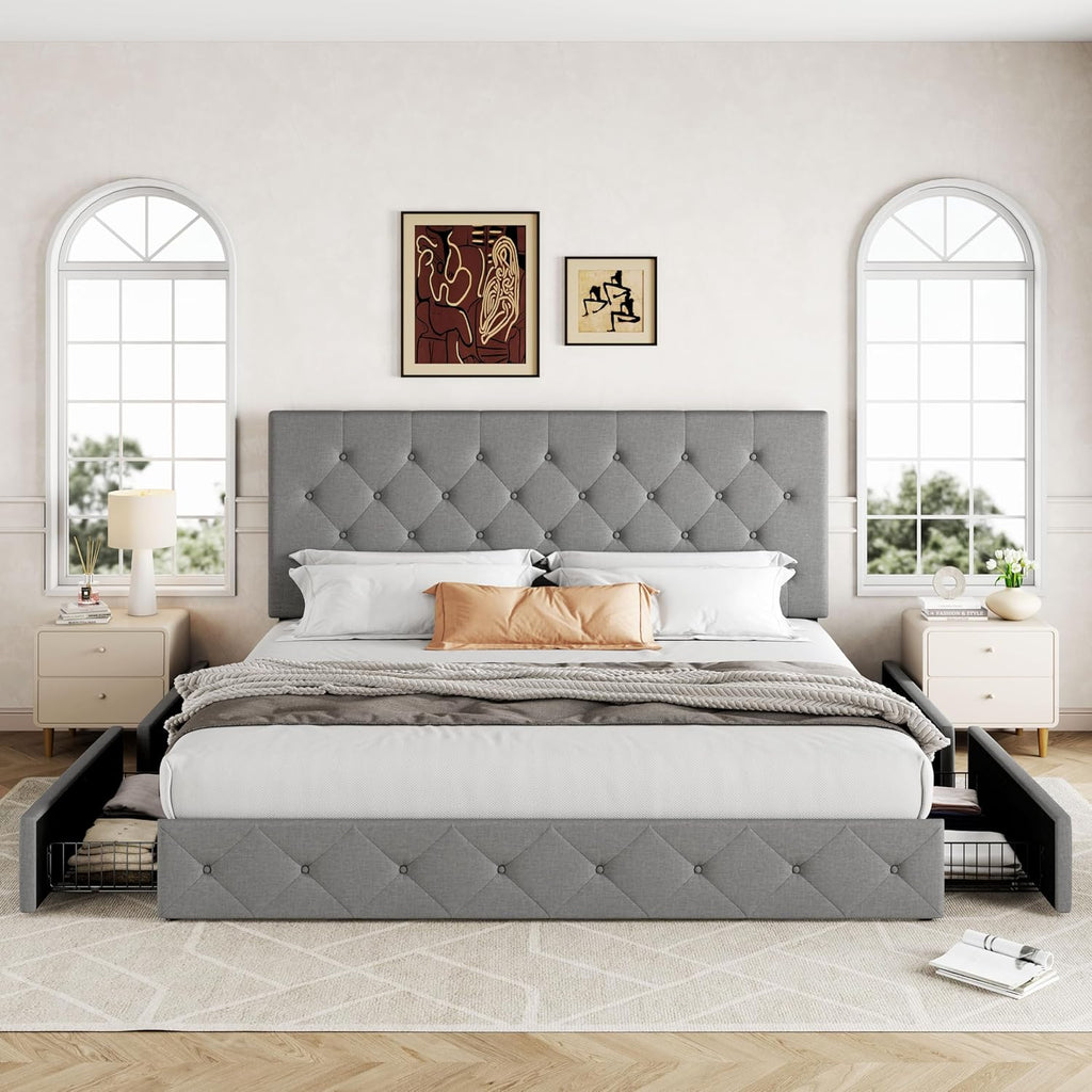 Allewie Upholstered Queen Size Platform Bed Frame with 4 Storage Drawers and Headboard wourant