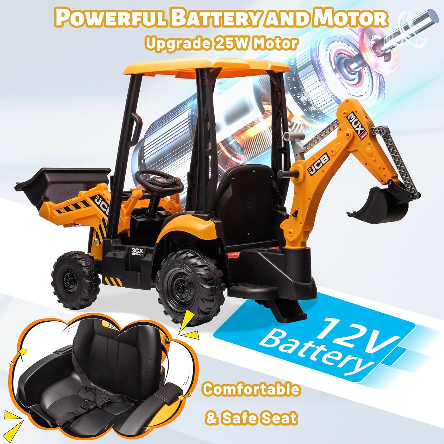 12V JCB Ride On Excavator, Ride on Toys for Kids 4-8, Electric Car for Kids with Tractor, Bulldozer, Digging Arm, Backhoe Toy Car with Slow Start/Stop, Adjustable Speeds wourant