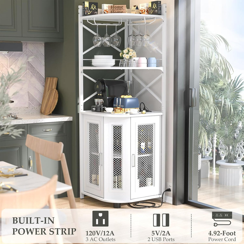Aheaplus Corner Bar Cabinet with Power Outlet, Industrial Wine Cabinet with LED Strip and Glass Holder, 5-Tiers Liquor Cabinet Bar Unit for Home, Corner Display Cabinet for Small Space, White Oak wourant