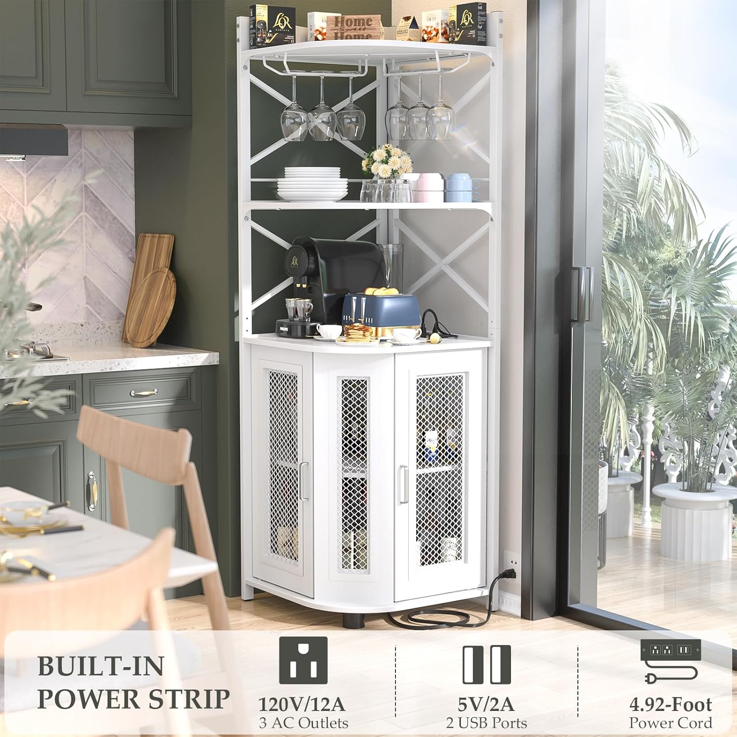 Aheaplus Corner Bar Cabinet with Power Outlet, Industrial Wine Cabinet with LED Strip and Glass Holder, 5-Tiers Liquor Cabinet Bar Unit for Home, Corner Display Cabinet for Small Space, White Oak wourant