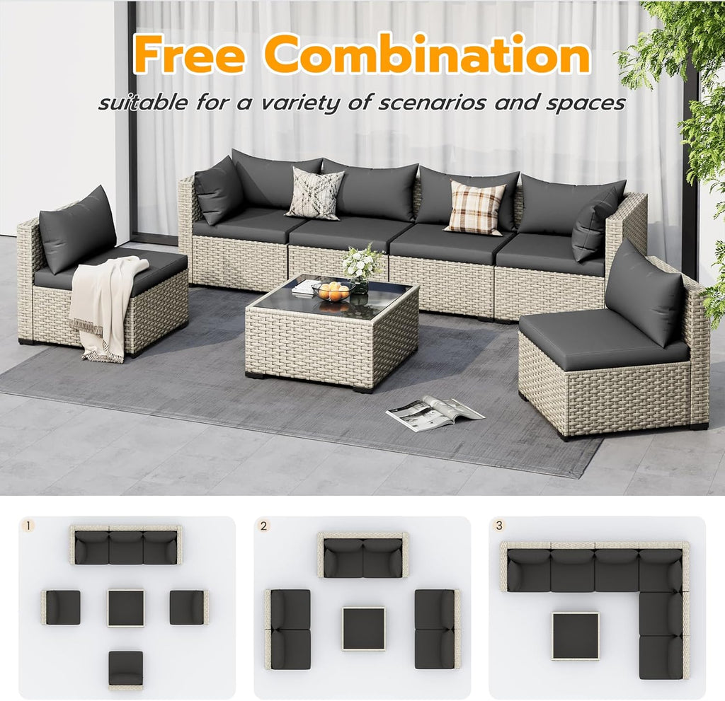 UDPATIO Outdoor Patio Furniture Set, 7-Piece PE Wicker Sectional Sofa with Tea Table, Outdoor Conversation Set wourant