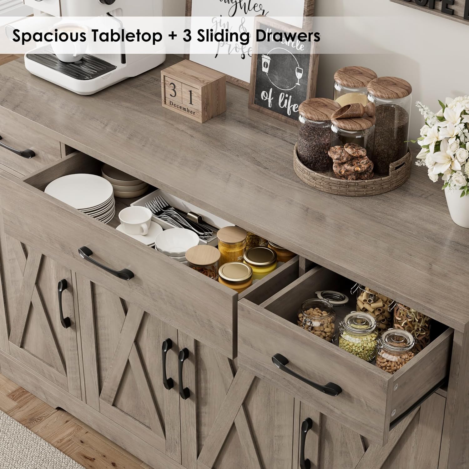 Sideboard with drawers, large 55-inch sideboard, sideboard storage with shelves and doors, modern farmhouse coffee bar wood kitchen dining table wourant