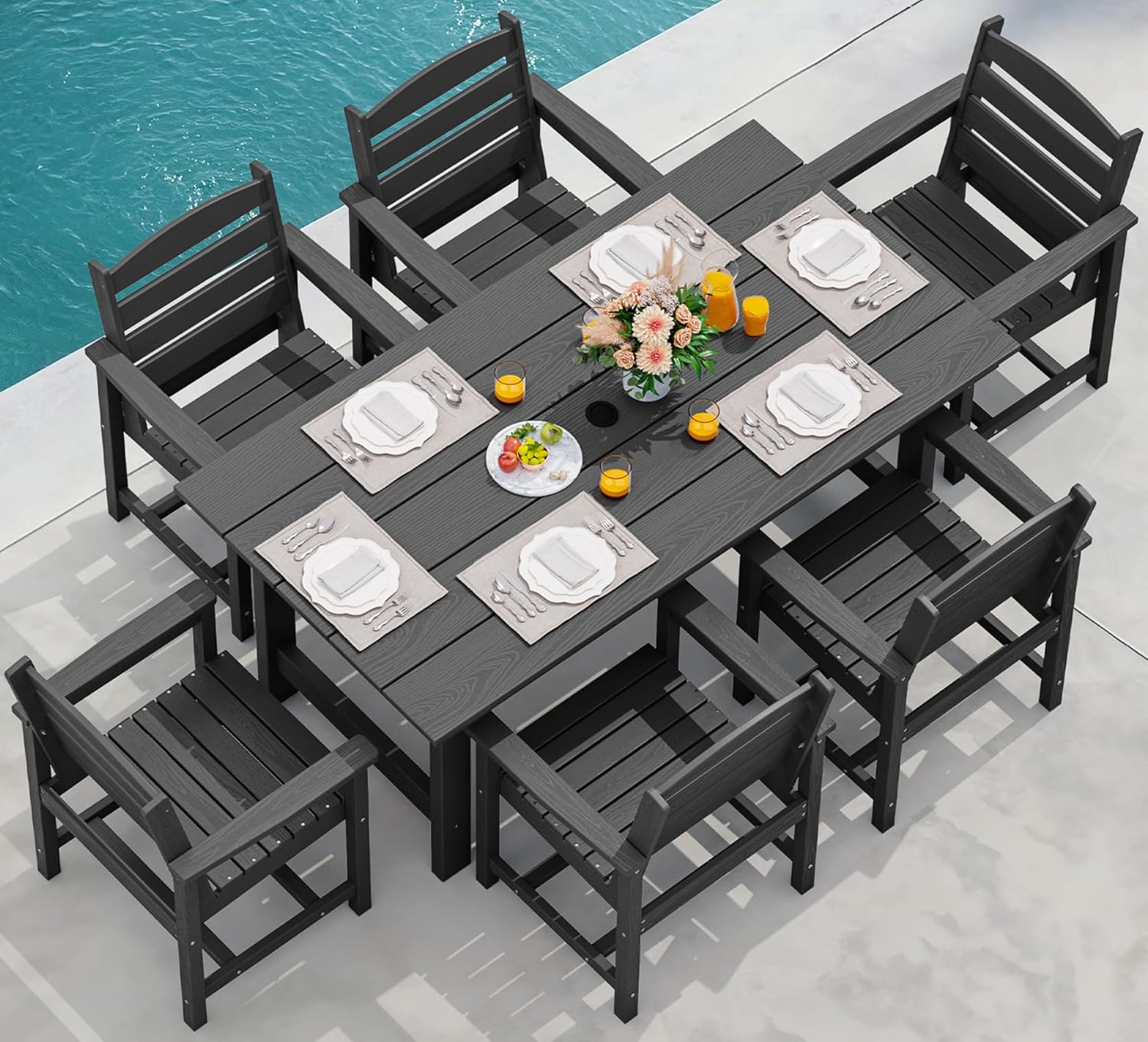 Outdoor HDPE Dining Table Set, 7-Piece Outdoor Dining Table Sets with Umbrella Hole Cut-Out Table and 6 Chairs wourant