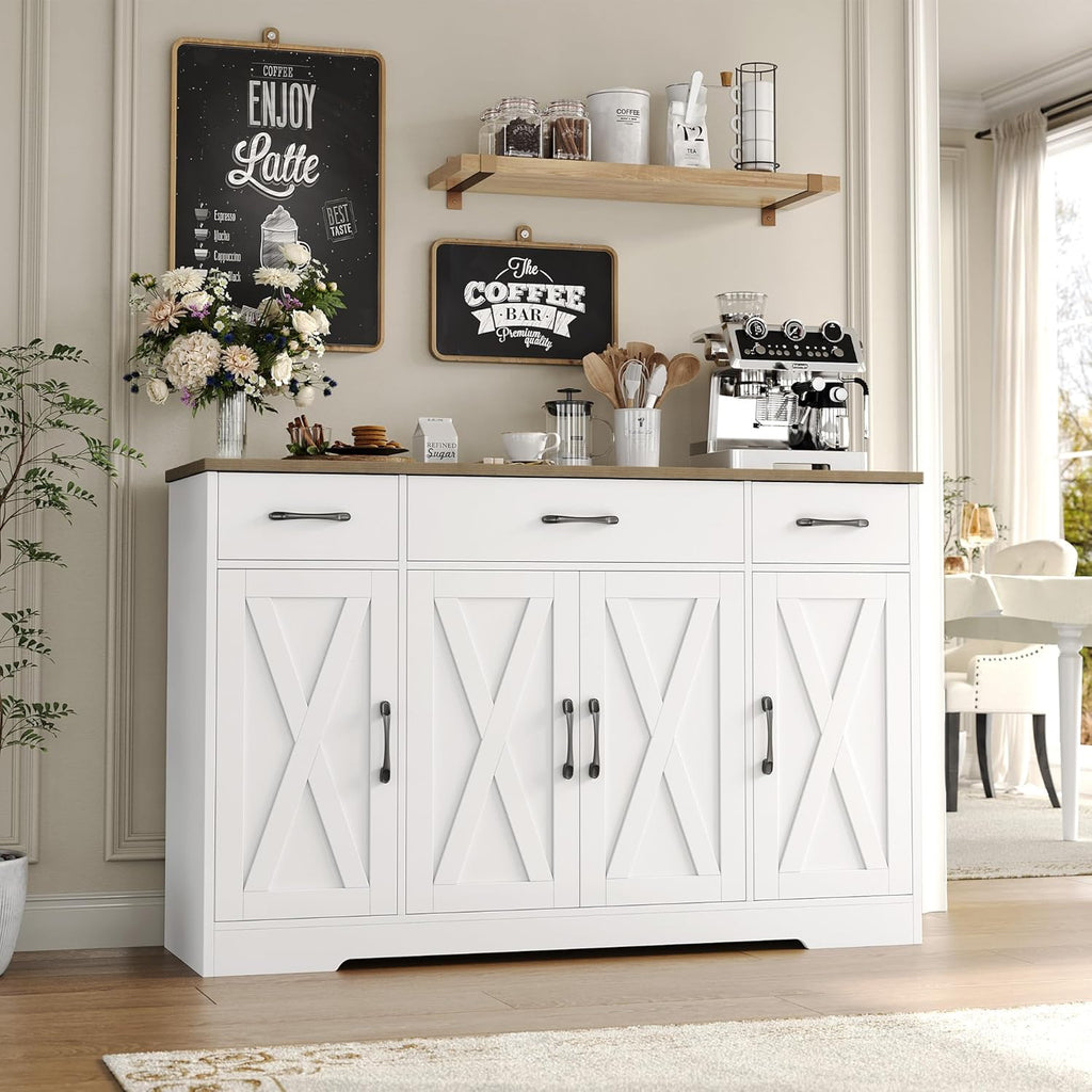 HOSTACK Buffet Cabinet with Drawers, 55" Large Sideboard Buffet Storage Cabinet with Shelves and Doors, Modern Farmhouse Coffee Bar Station Wood Kitchen Table for Kitchen, Dining Room, White/Rustic wourant