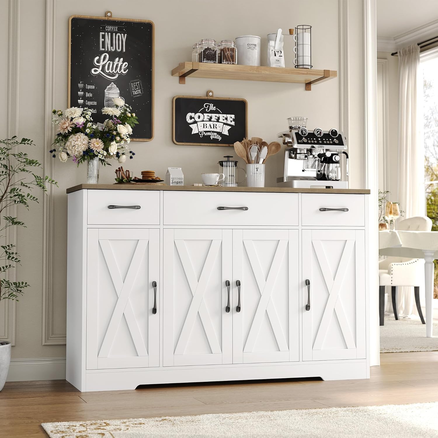 HOSTACK Buffet Cabinet with Drawers, 55" Large Sideboard Buffet Storage Cabinet with Shelves and Doors, Modern Farmhouse Coffee Bar Station Wood Kitchen Table for Kitchen, Dining Room, White/Rustic wourant