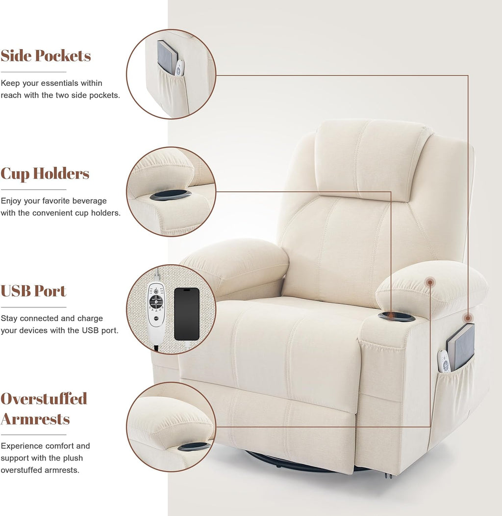 Large Swivel Rocking Recliner with Heating and Massage Function, 360 Degree Swivel Rocking Single Sofa wourant