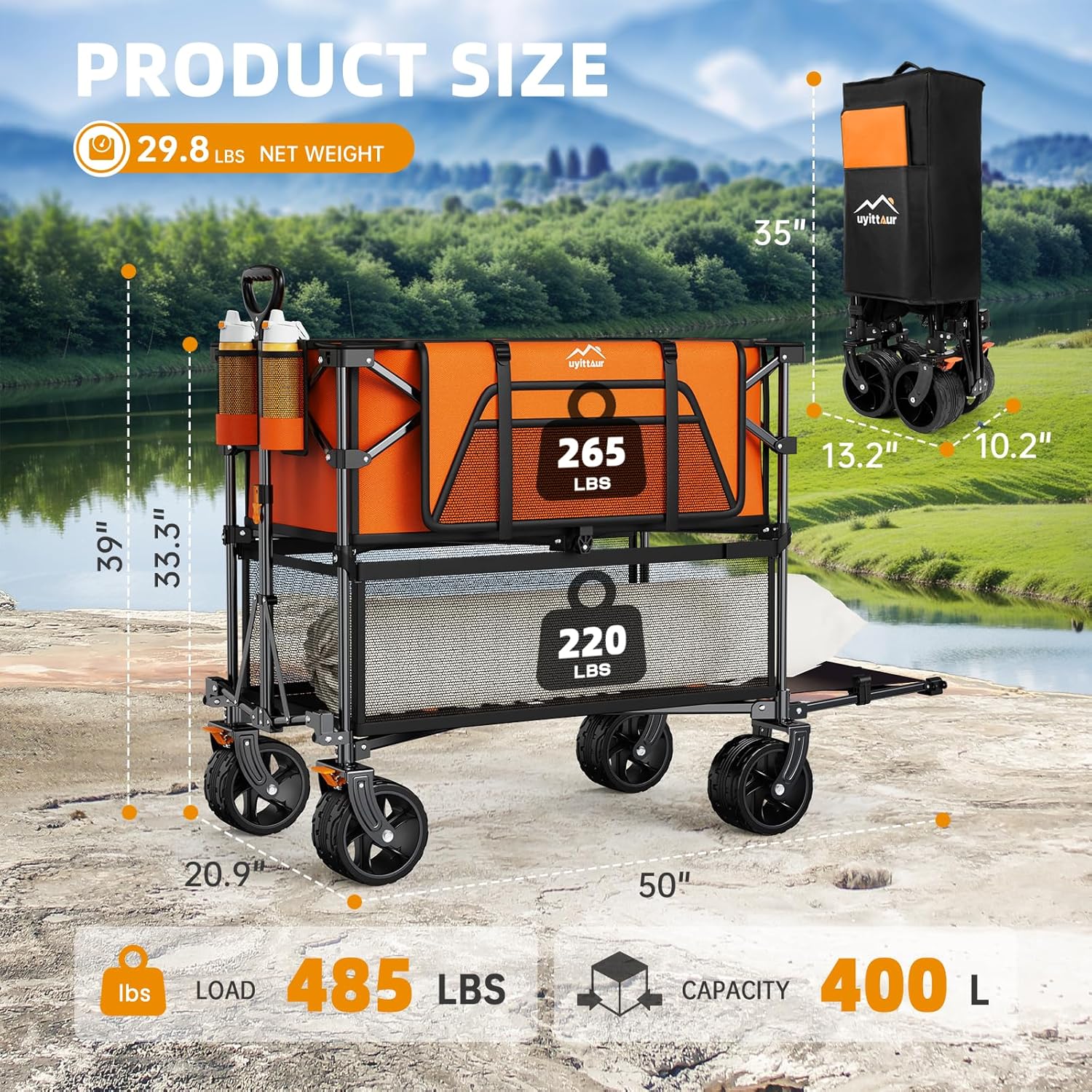 Foldable 50''L Extra Long Double Decker Wagon for Sport, 400L Collapsible Heavy Duty Wagon Cart with Big Wheels, Utility All-Terrain Large Extender Cart for Outdoors wourant