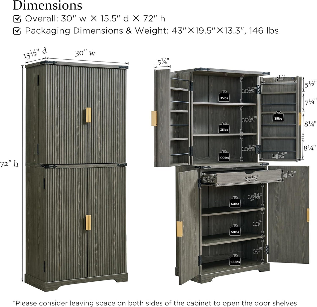 Fluted Pantry Cabinet, 72" Tall Modern Storage Cabinet with 4 Doors, Organizer, Drawer and Adjustable Shelves, Wood Cupboard wourant