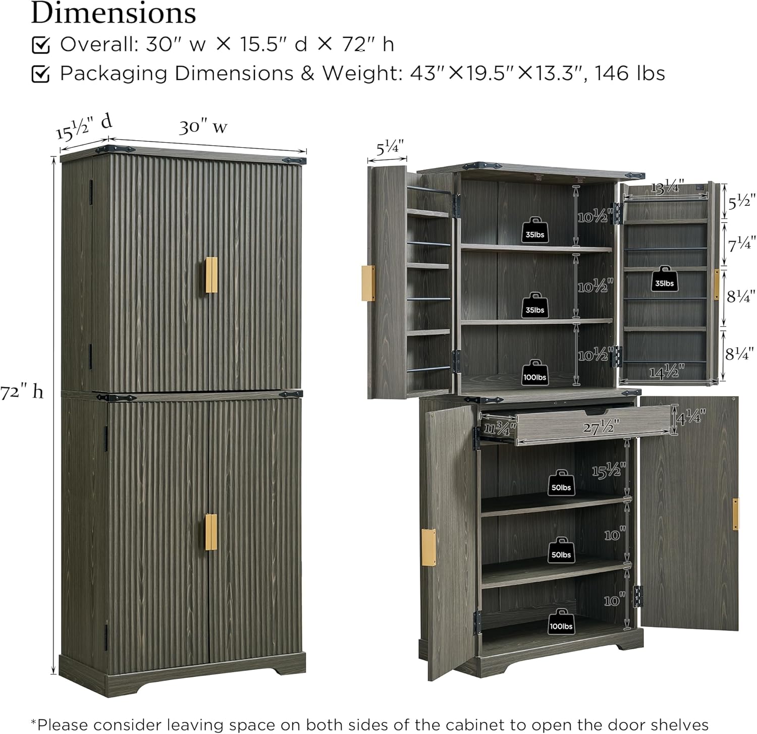 Fluted Pantry Cabinet, 72" Tall Modern Storage Cabinet with 4 Doors, Organizer, Drawer and Adjustable Shelves, Wood Cupboard wourant